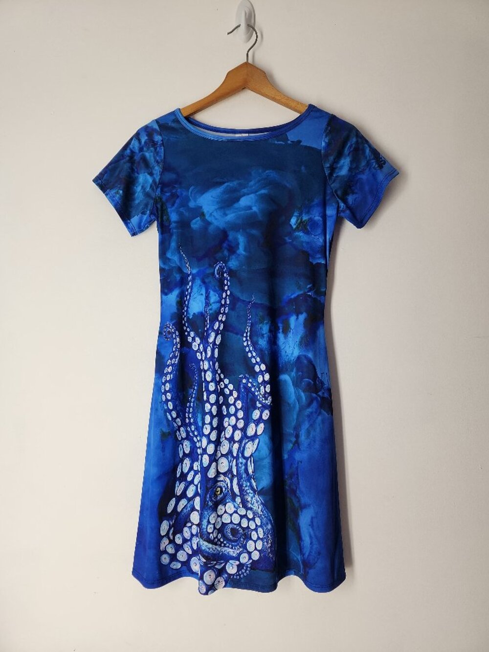Sport Couture giant octopus print blue A-line dress stretchy short sleeve S